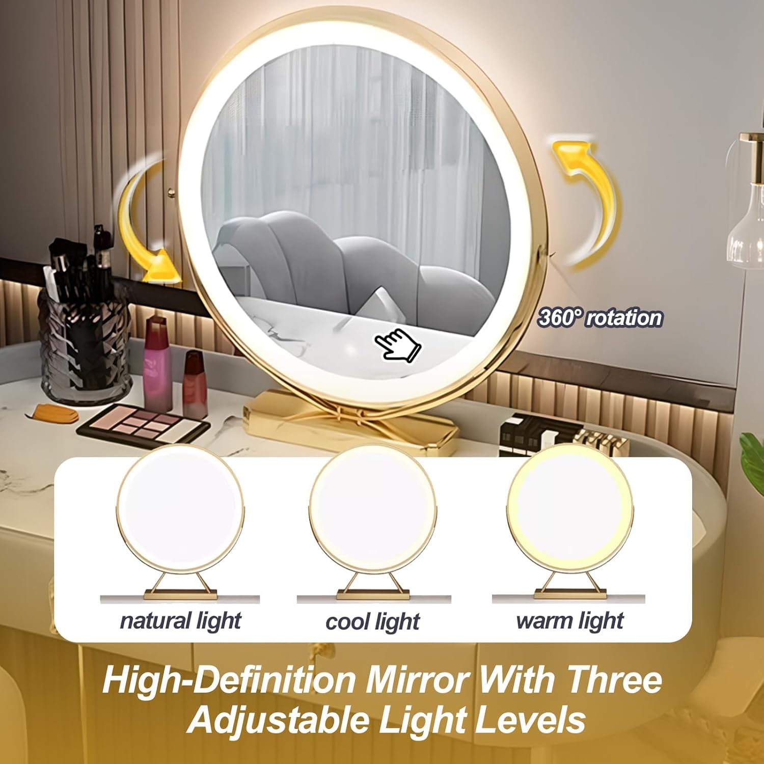Coiffeuse avec miroir et tabouret, écran tactile, 3 couleurs, à intensité variable, avec 5 tiroirs, pour femmes et filles, commode moderne, cadeau pour chambre à coucher, gris, 80 cm – Image 2