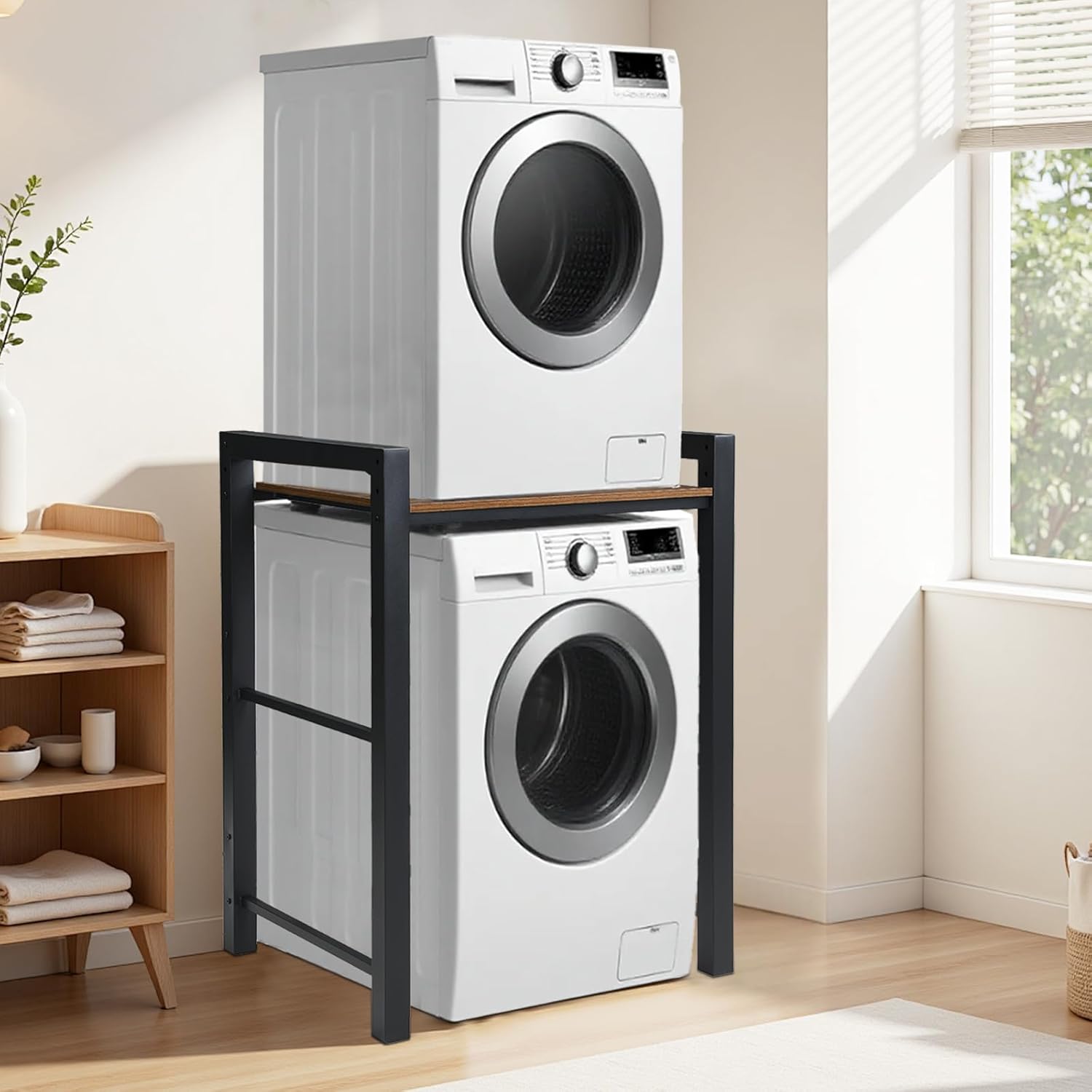 Washing Machine Support, Étagère Machine à Laver, Rangement Machine a Laver Avec 3 Hauteurs Réglables, Meuble de Rangement Machine a Laver et Sèche-Linge, Capacité de Charge de 350kg. (Noir)