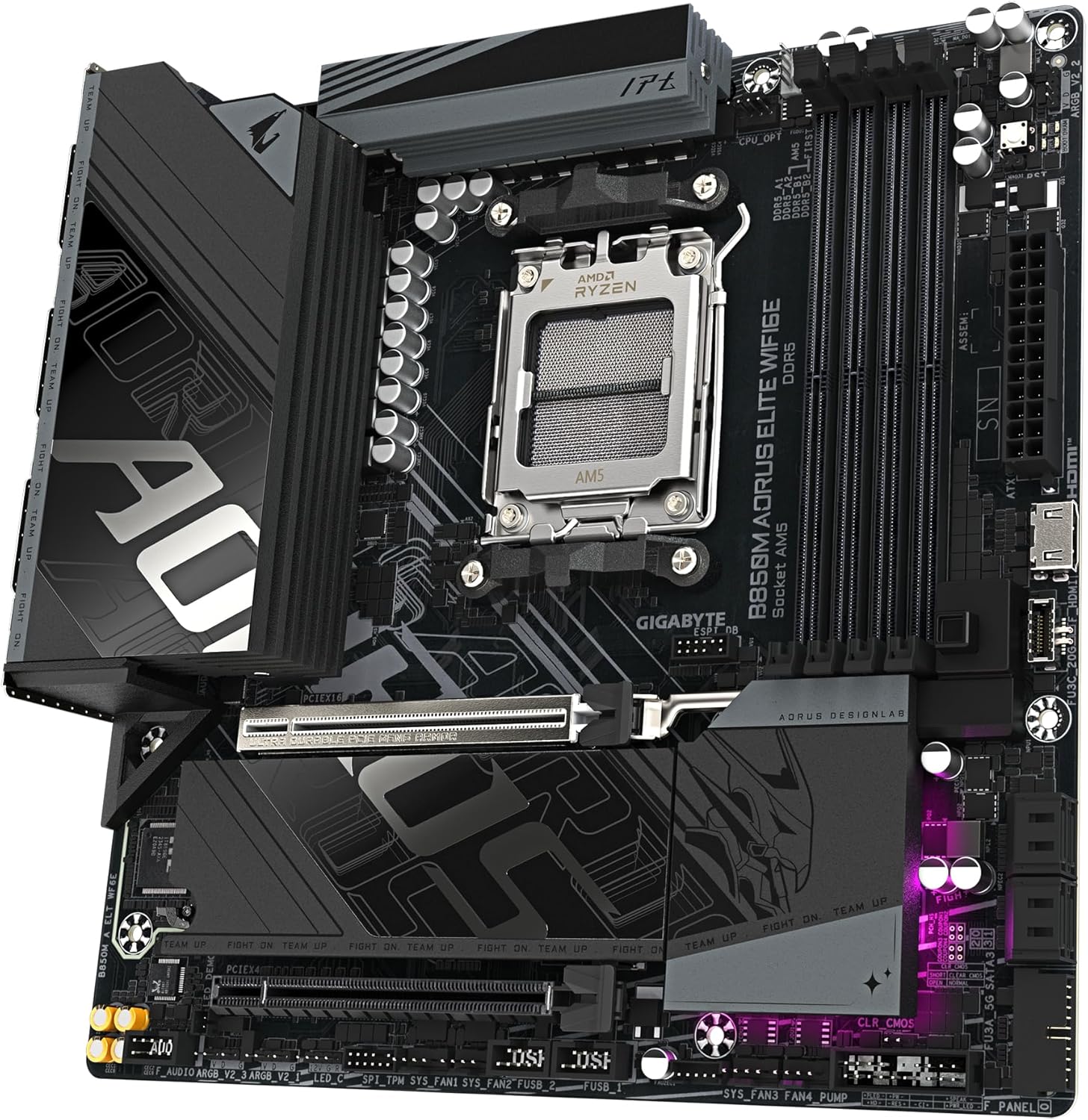 GIGABYTE B850M AORUS Elite WIFI6E Carte mère - Processeurs AMD Ryzen série 9000, VRM numérique 12+2+2 Phases, jusqu'à 8200 MHz DDR5 (O.C.), 1x M.2 PCIe 5.0 + 1x M.2 PCIe 4.0, Wi-FI 6E, LAN 2.5 GbE – Image 5