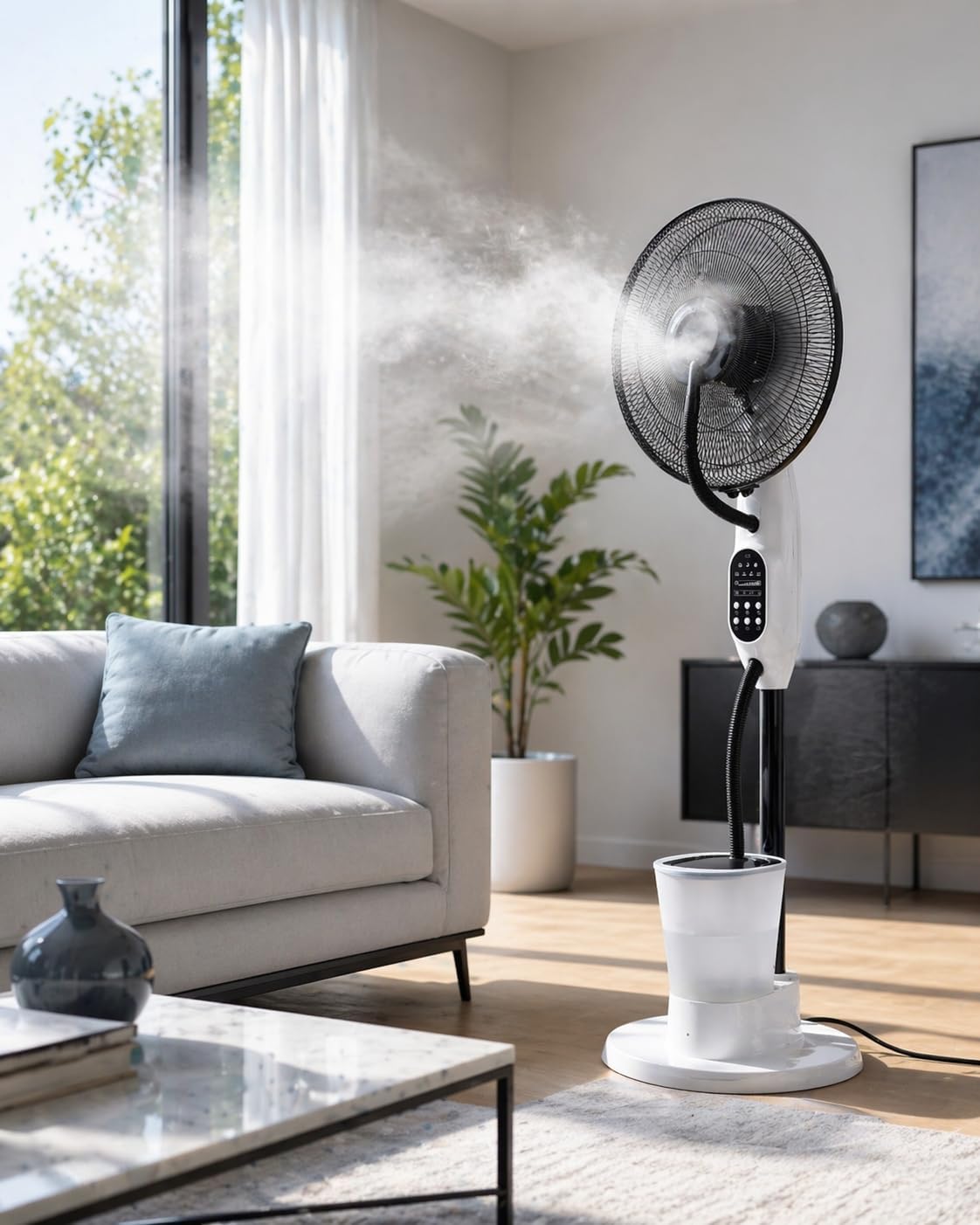 O'FRESH Ventilateur brumisateur sur Pied 125 cm – Puissant & Silencieux – Oscillation Automatique – 3 Vitesses – Intérieur – Idéal Maison, Bureaun Chambre - Rafraichit instantanémant – Image 4