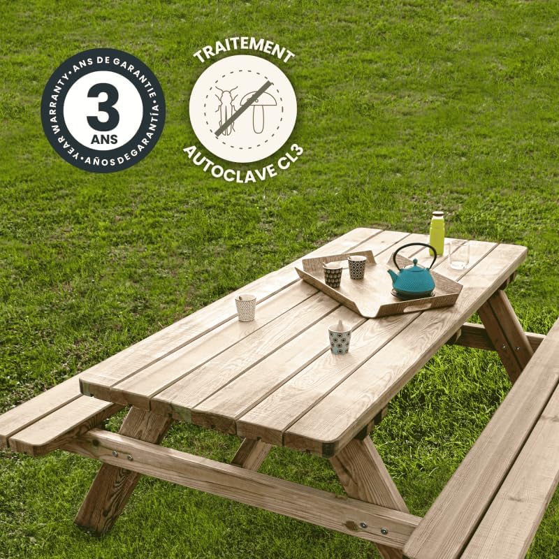 Jardipolys Table de Pique-Nique en Bois avec bancs intégrés 6 Personnes - 1,77 m en Bois - 177 x 160 x 73 cm - Cerland – Image 4