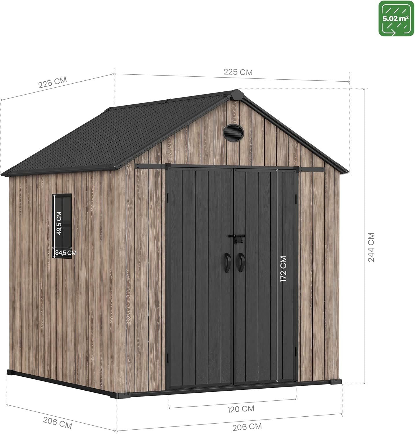 Hoggar Abri de jardin en résine 5,02 m² Oak O50 - Sol inclus - Fenêtre latérale - Aspect bois premium - Double porte large - Protection UV et imperméable - Fermeture par goupille - aérations – Image 4