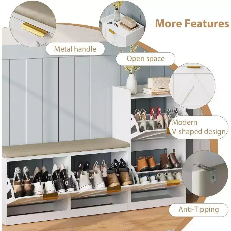 Shoe Storage Cabinet with Bench & 4 Flip Drawers - Narrow Entryway Organizer for 35-40 Pairs – Image 26