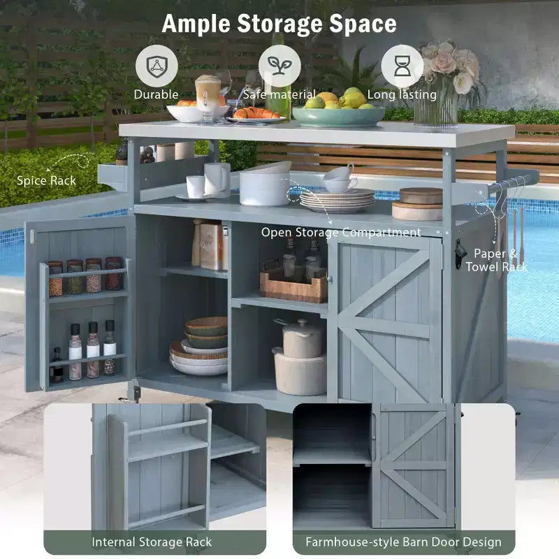Outdoor Kitchen Island with Stainless Steel Top, Wooden Kitchen Cart with Doors, Shelves and Spice Rack, Rolling Kitchen Island – Image 12