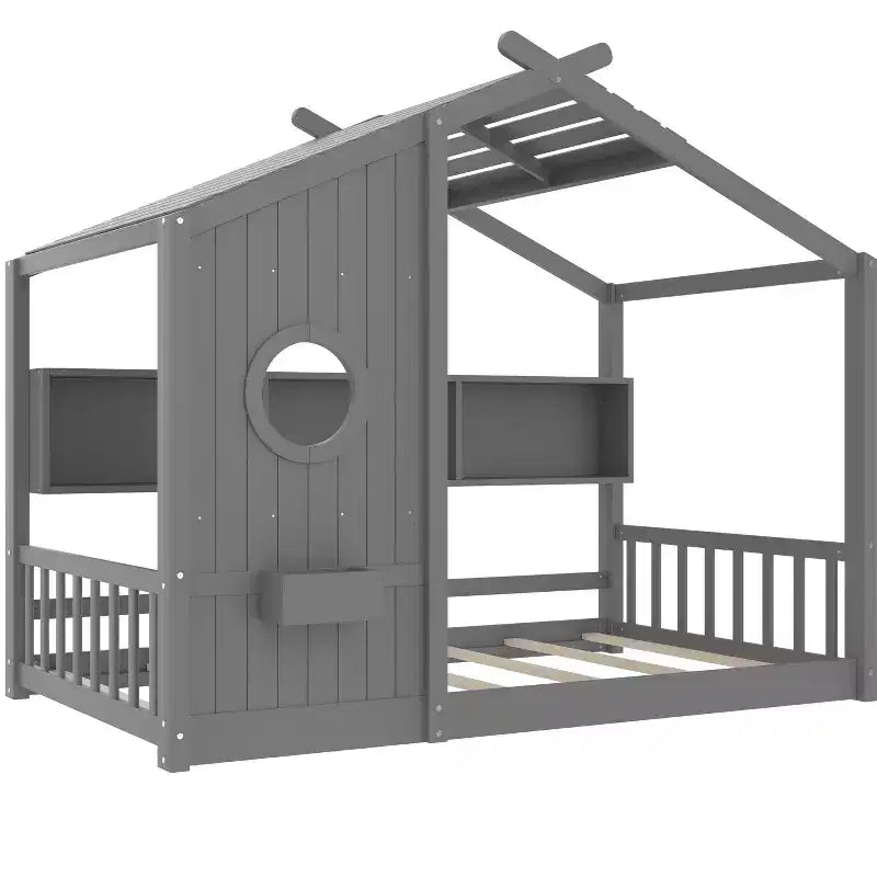 Polibi Floor House Bed with Built-In Storage Shelves & Slatted Roof – Image 6