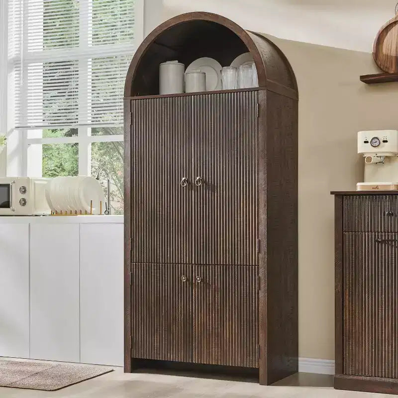 71 Tall Arched Kitchen Pantry, Modern Storage Cabinet with 3 Adjustable Shelves, 6 Door Shelves, for Kitchen, Living Room – Image 27