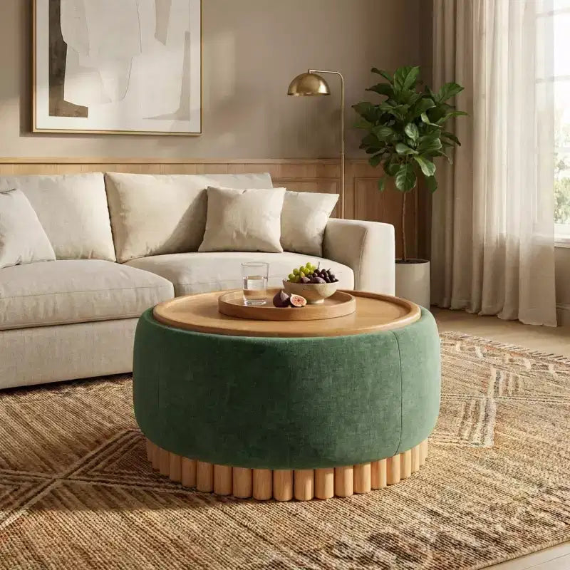 Polibi Round Storage Ottoman with Solid Wood Cylinder Base & Reversible Lid – Image 3