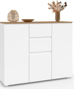 IDMarket - Buffet 100 cm Toby 3 Portes 2 tiroirs Blanc et Plateau Bois