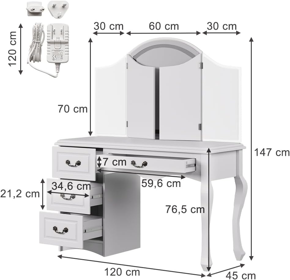 Vicco Coiffeuse Belle, Blanc, 120cm avec éclairage LED à intensité Variable – Image 2