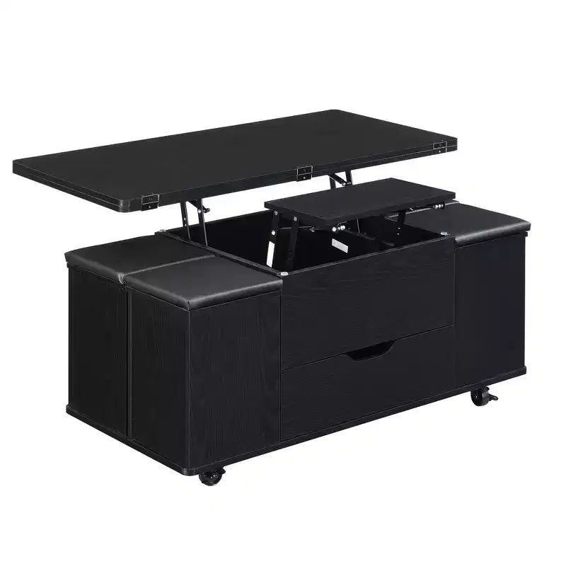 Zeus & Ruta Multi-Function Modern Lift-Top Coffee Table with Hidden Storage, 4 Stools and Casters, Perfect for Modern Living Spaces – Image 13