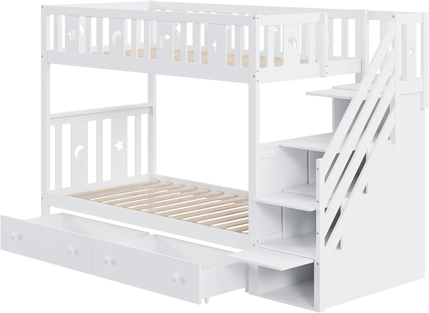 90x200 cm lit superposé en Bois Massif pour Les Enfants - lit Mezzanine avec escalier de sécurité, étagère de Rangement, 2 tiroirs pour Les garçons et Les Filles, Blanc (sans Matelas) | Robuste et durable – Image 2