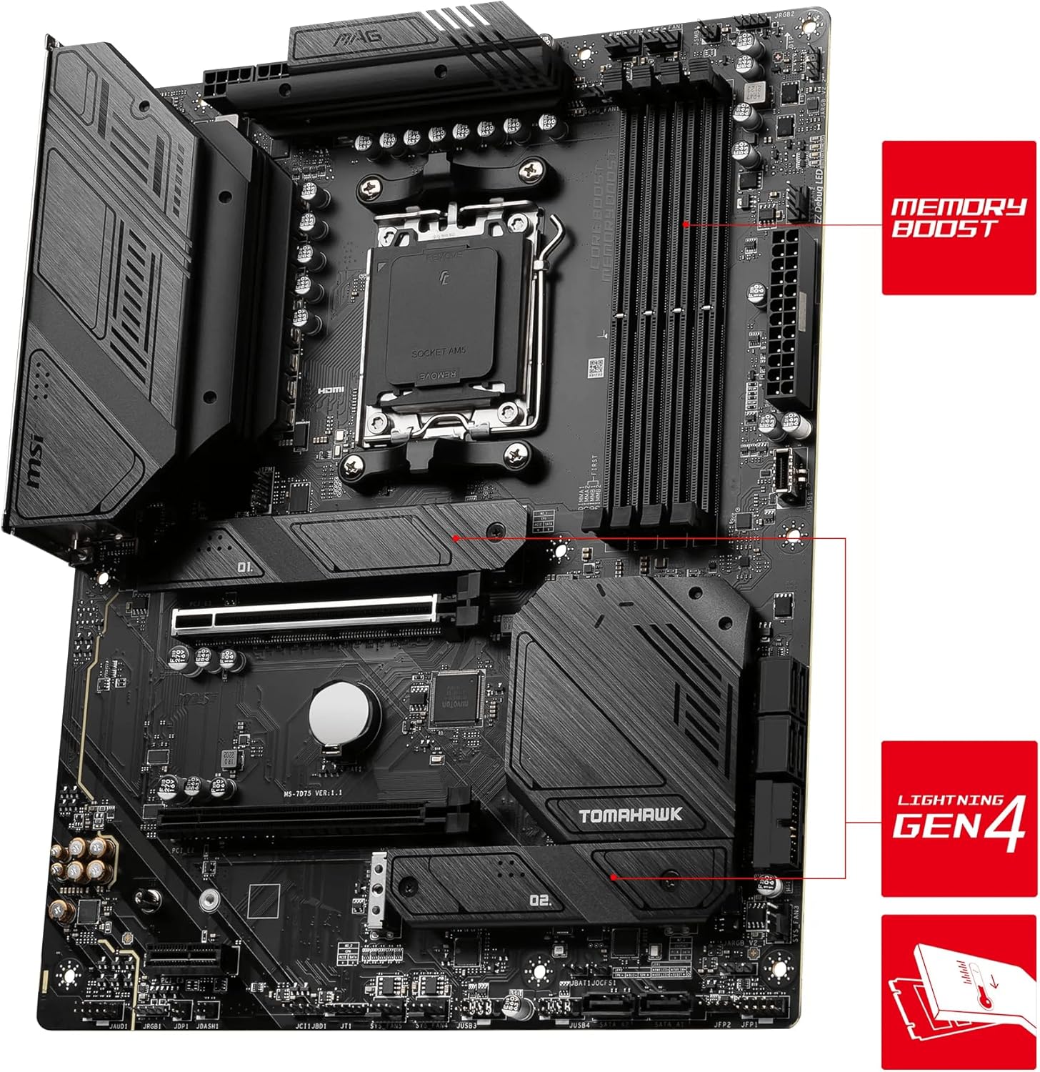 MSI MAG B650 Tomahawk WiFi Carte mère, ATX - pour Processeurs AMD Ryzen 7000, AM5 - VRM Duet Rail 14 Phases, SPS 80 A - DDR5 Memory Boost 6400+ MHz/OC, 2 x Slots PCIe 4.0 x16, 3 x Slots M.2 Gen4 – Image 3