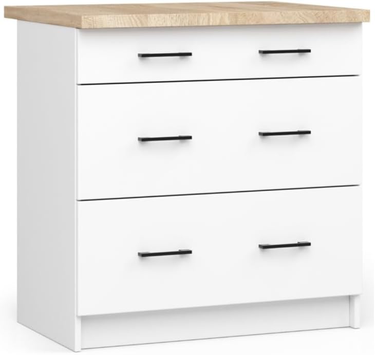BDW Armoire de Cuisine OLIWIA S80 - Meuble Cuisine - Buffet - Panneau Stratifié 16 mm - Placage ABS - Design Moderne - Durable et Résistant à l'usure - Facile à Assembler - 3 Tiroirs - 80 cm - Blanc – Image 4