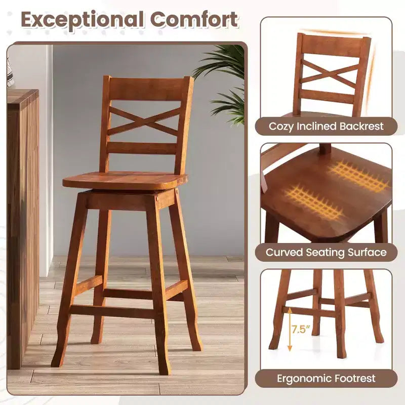 Costway 2 PCS 24/30 Counter/Bar Height Stool Rubber Wood Swivel Bar Stool with Inclined Backrest Walnut – Image 6