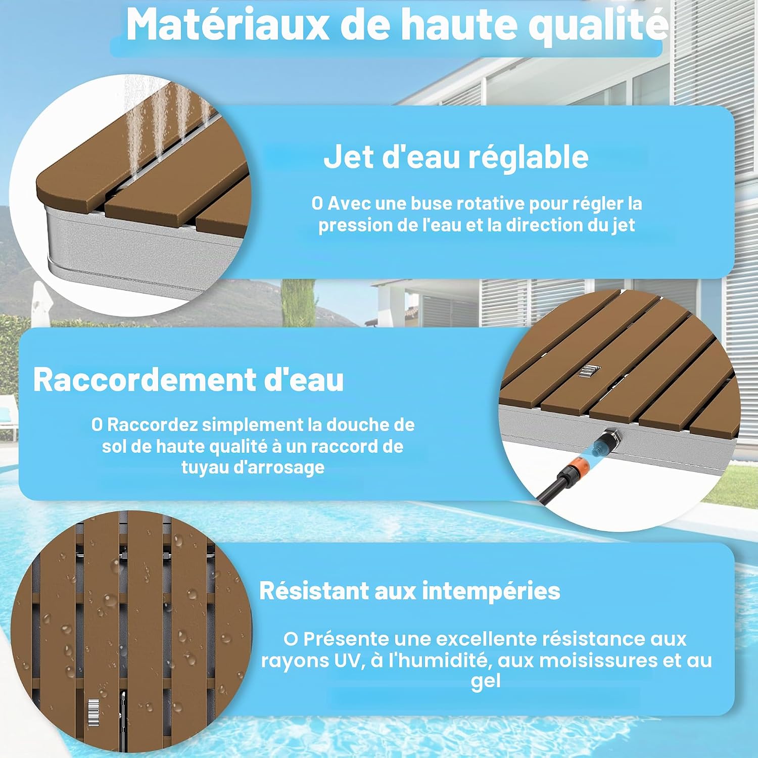 UISEBRT Douche de jardin en WPC et aluminium - Douche au sol mobile Douche solaire Douche de camping - Hauteur de jet réglable jusqu'à 4m - pour piscine Jardin Terrasse (Rectangulaire - Brun) – Image 6