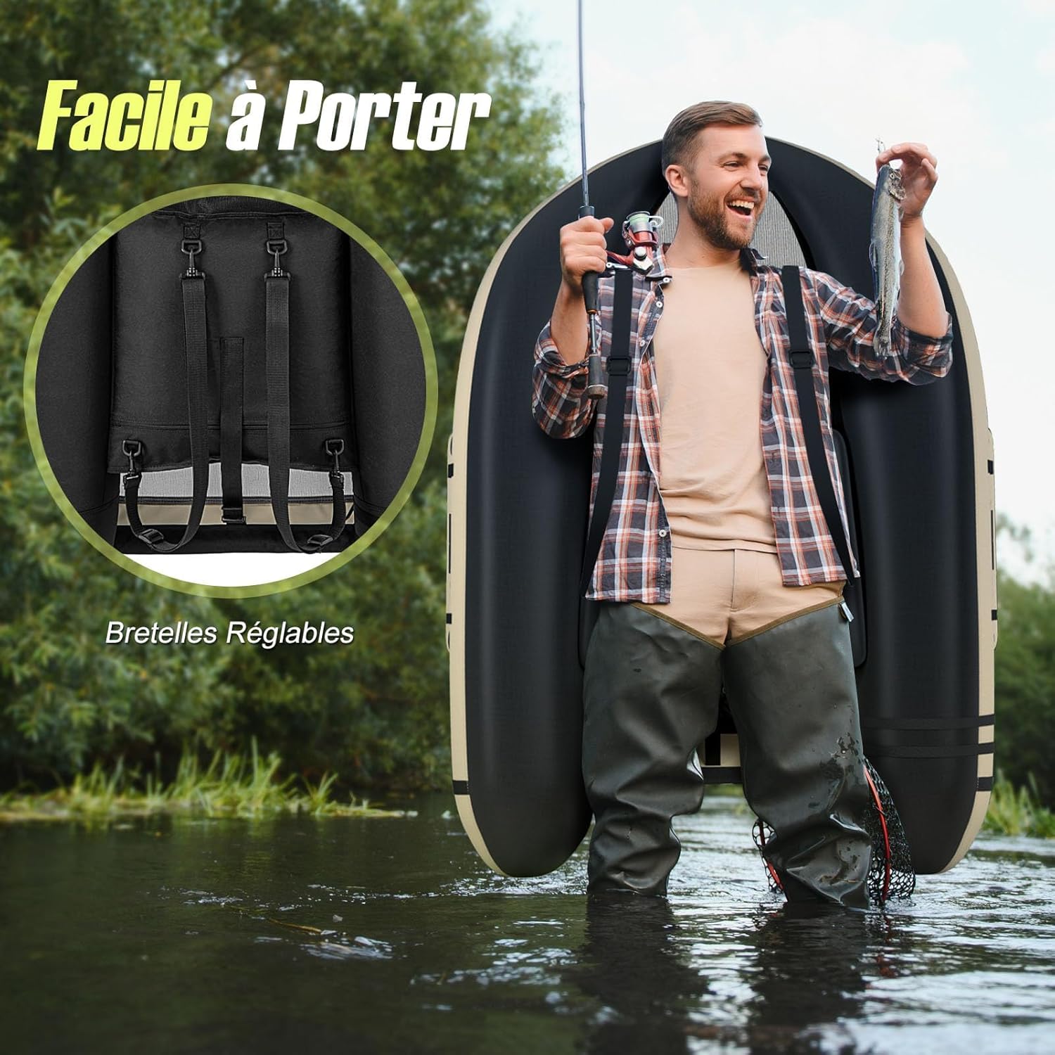 GYMAX Bateau Pêche Gonflable Portable, avec Pagaie, Règle à Poisson, Porte-Canne, Palmes, Pompe, Poches de Rangement, Tansport Pratique avec Bandoulières – Image 8