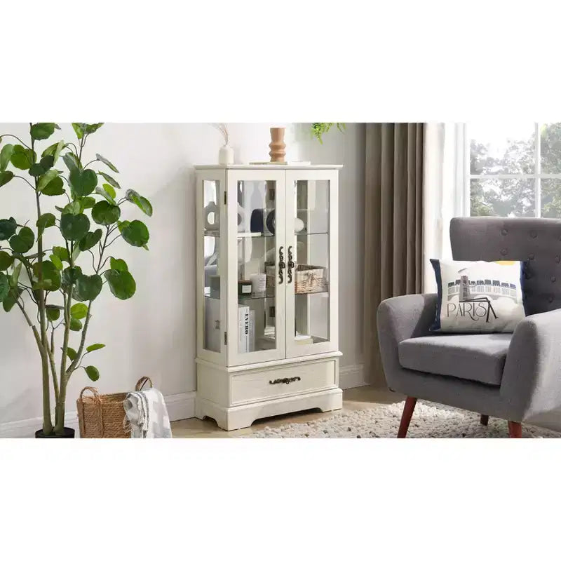 Lighted Glass Curio Cabinet with Adjustable Shelves - Elegant 2-Door Display Cabinet & Built-in Drawer, Includes Bulb – Image 46