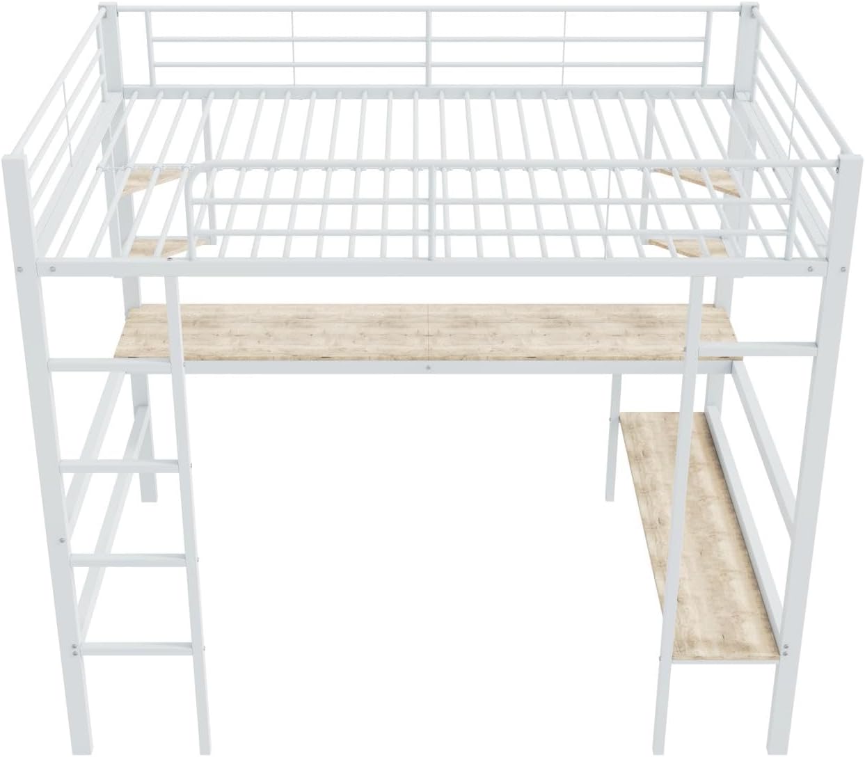 PUGSDRLY Lit Mezzanine Double 140x200cm avec Bureau et étagères, Cadre en Fer, Hauteur Adulte/Adolescent Blanc – Image 7