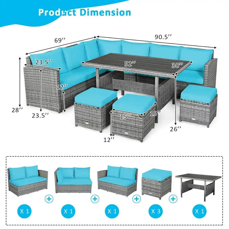 7 Pcs All-Weather Patio Rattan Dining Furniture Sectional Sofa Set with Wicker Ottoman and Cushed Couch – Image 26