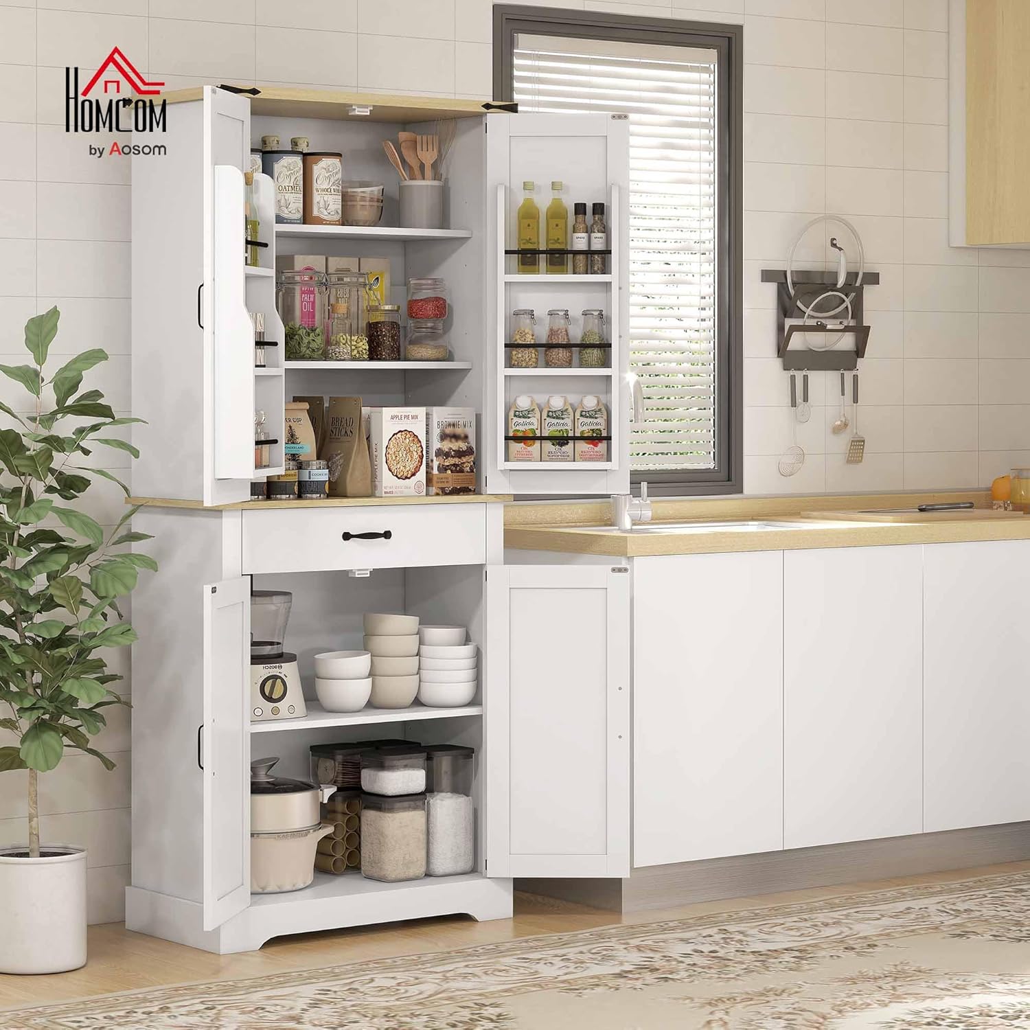 HOMCOM Armoire de Cuisine Buffet Cuisine vaisselier Meuble de Rangement avec 4 Portes, 6 étagères à Porte,1 tiroir et étagères réglables, 76,5 x 40 x 181 cm, Blanc – Image 2
