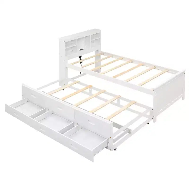Platform Bed with Trundle and Drawers, Storage Platform Bed with USB, Wood Platform Bed with Bookcase – Image 19