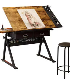 Height Adjustable Drafting Table with Stool,0-75 Tilting Drawing Desk&2 Storage Drawers,Artist Workstation for Painting,Crafting,Writing & Sketching