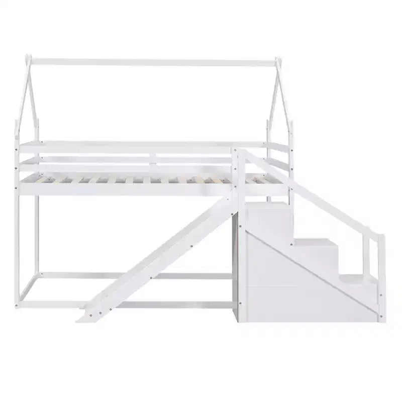 House Bunk Beds with Slide and Storage Stairs, Kids Wood Twin over Twin Bunk Bed with Roof and Stairs for Girls Boys – Image 20