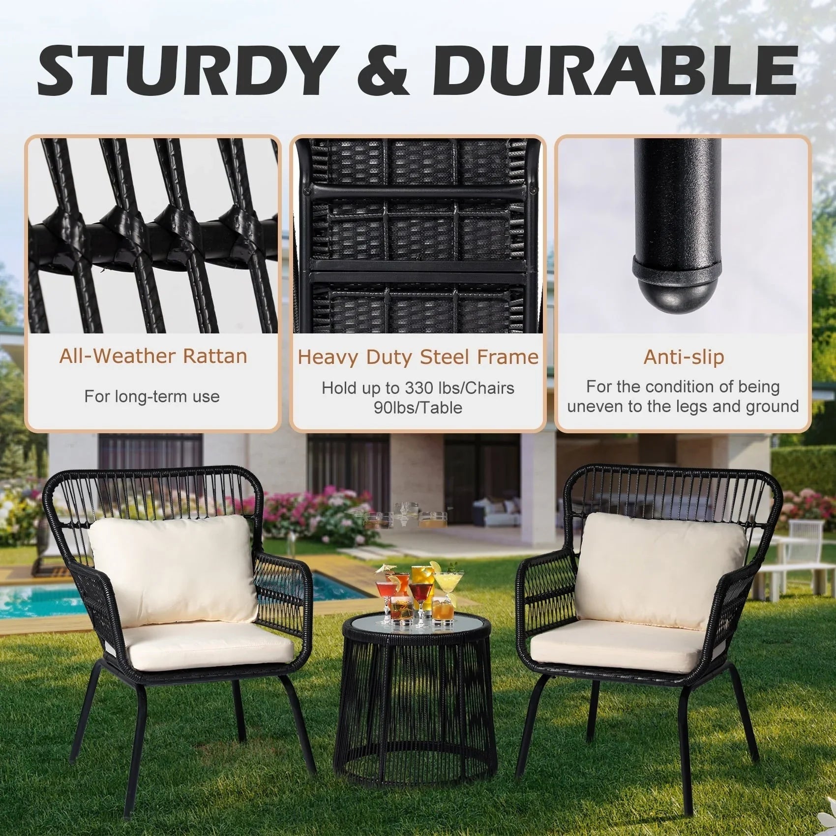 3 Piece Outdoor Wicker Conversation Bistro Set, All-Weather Rattan Furniture Patio Chairs Set with Cushions – Image 35
