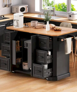 Expandable Drop-Leaf Kitchen Island, Kitchen Cart on 4 Wheels with Power Outlet, Moveable Island Table with 2 Door & 6 Drawers