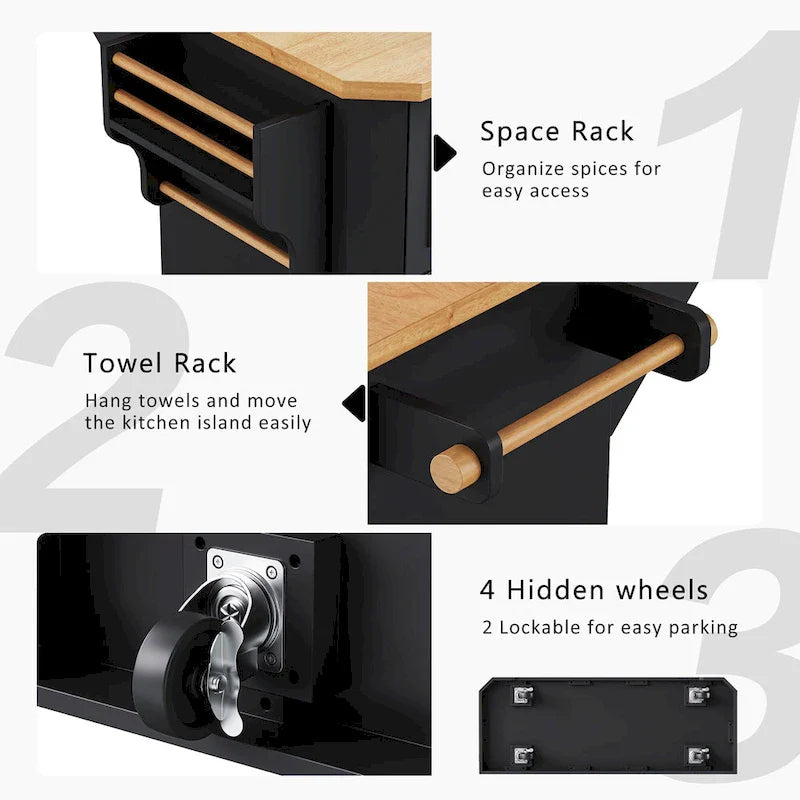 Expandable Drop-Leaf Kitchen Island, Kitchen Cart on 4 Wheels with Power Outlet, Moveable Island Table with 2 Door & 6 Drawers – Image 11
