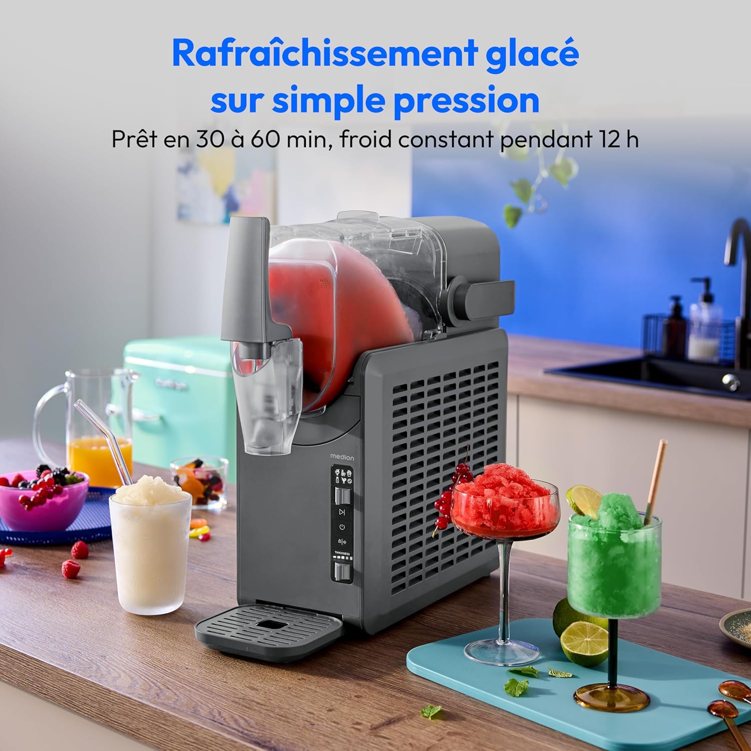 MEDION Machine à granité (boissons glacées, capacité 2,6L, réservoir 1,9L, slush machine pour boissons, 5 modes de boisson, machine a glace, préparation en 30–60min, compresseur, MD12090) – Image 2