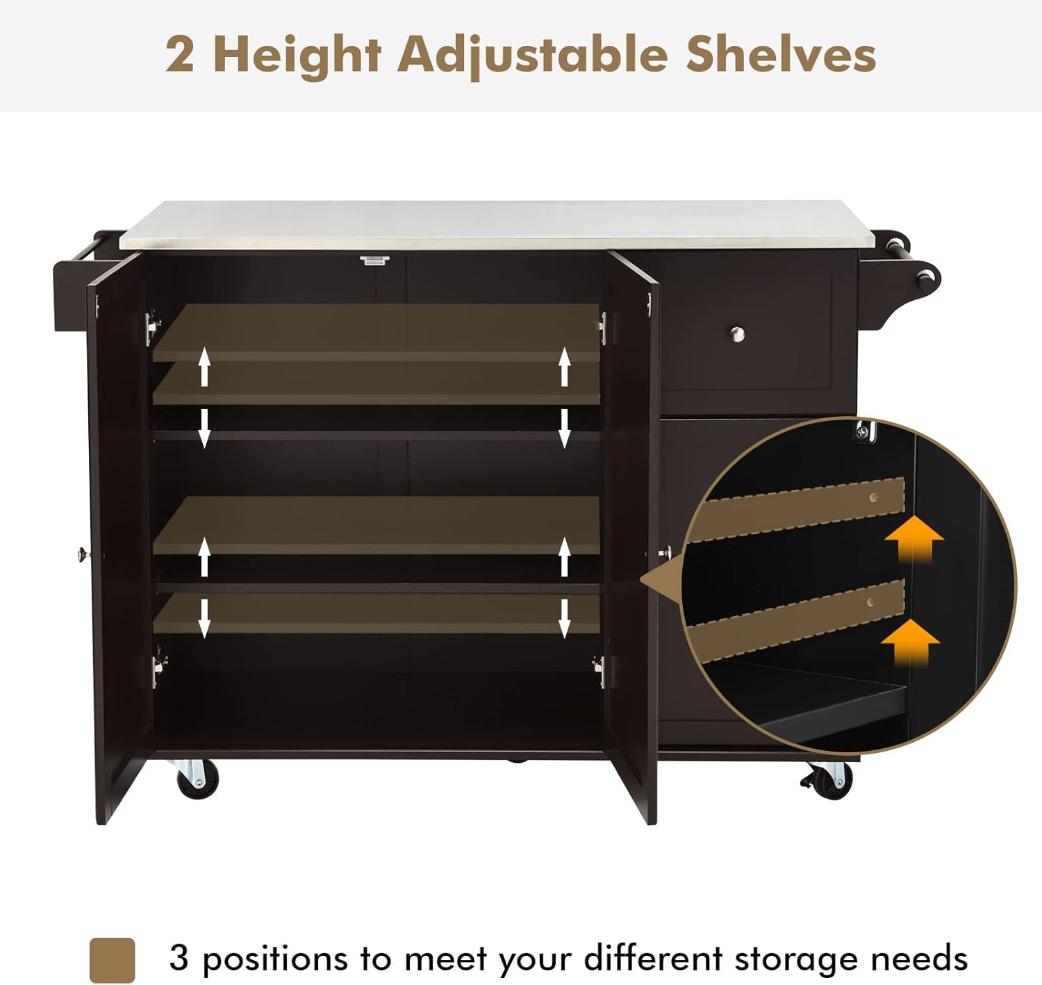 KOMFOTTEU Îlot Central Mobile avec Plan de Travail en Acier Inoxydable, Chariot de Cuisine avec 3 Tiroirs, Porte-Serviettes et Étagère réglable, Desserte sur roulettes, 135 x 45,5 x 91,5 cm Noir – Image 5