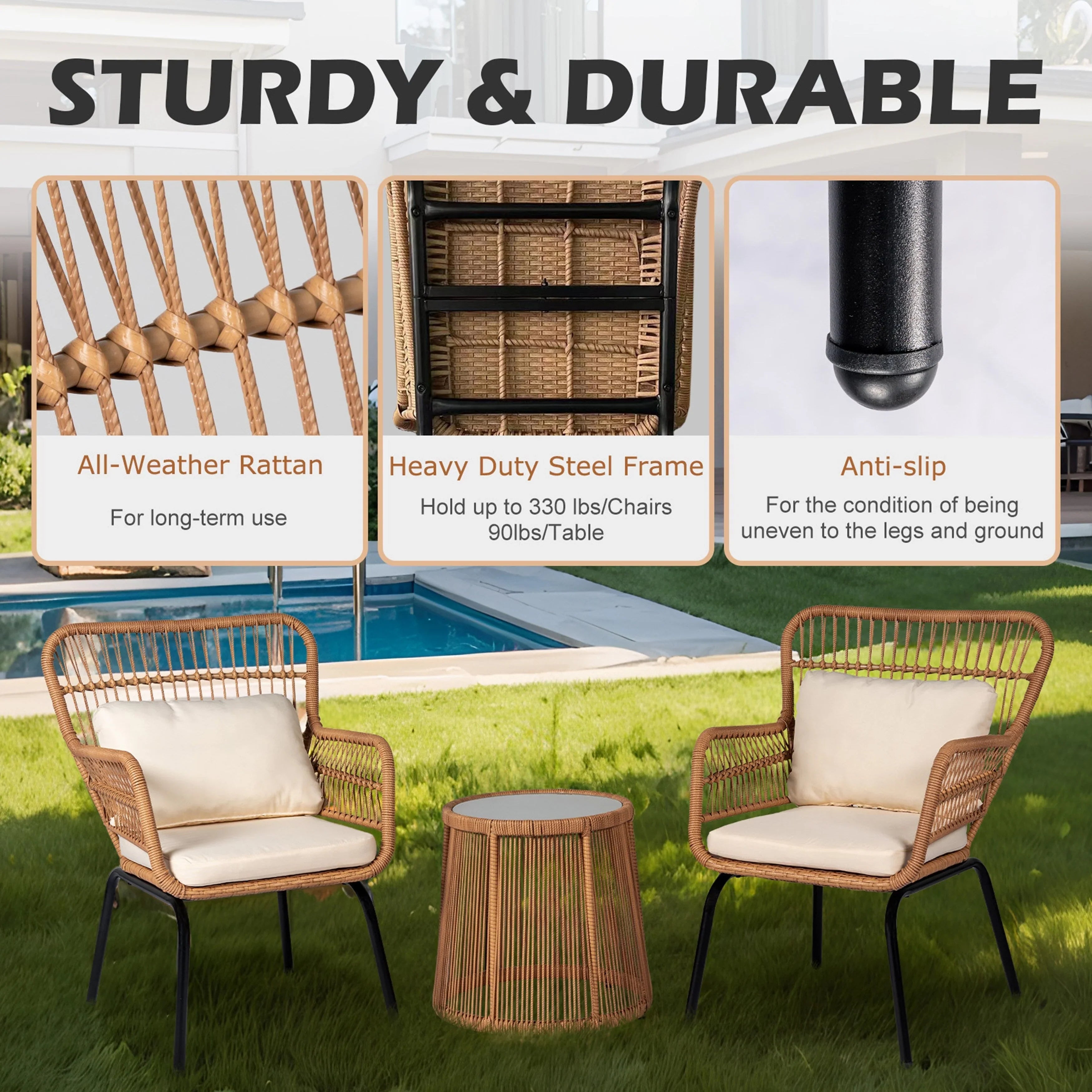 3 Piece Outdoor Wicker Conversation Bistro Set, All-Weather Rattan Furniture Patio Chairs Set with Cushions – Image 12