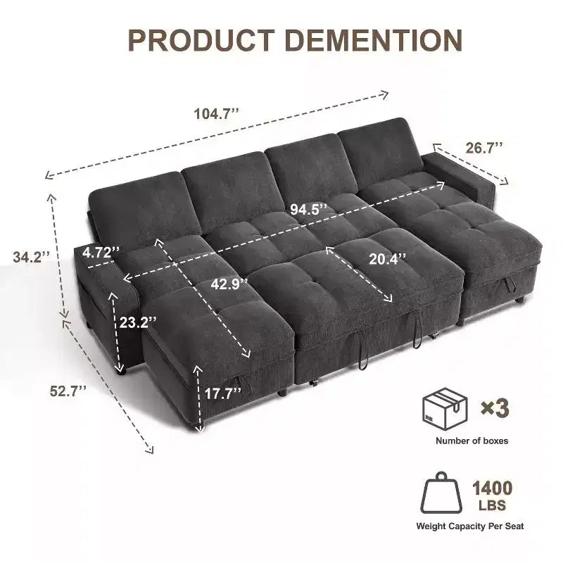104 U-Shaped Convertible Sleeper Sofa Bed with Storage – Image 9