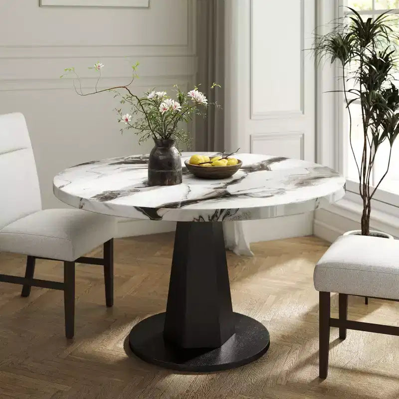Roundhill Furniture Cavira Modern Faux Marble Dining Table with Wood Pedestal Base – Image 4