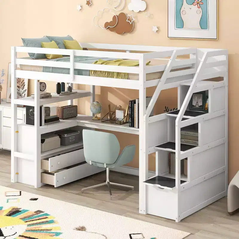 Okak Full/Twin Size Solid Wood Bunk Bed with 2 Built-in Drawers & Storage Staircase Loft Bunk Bed with Desk & Shelves for Kids Teens, Easy Assemble – Image 10