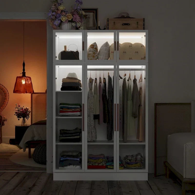 47.2 Wide Armoire LED Light All Glass Door Closet Cabinet Wardrobe – Image 14