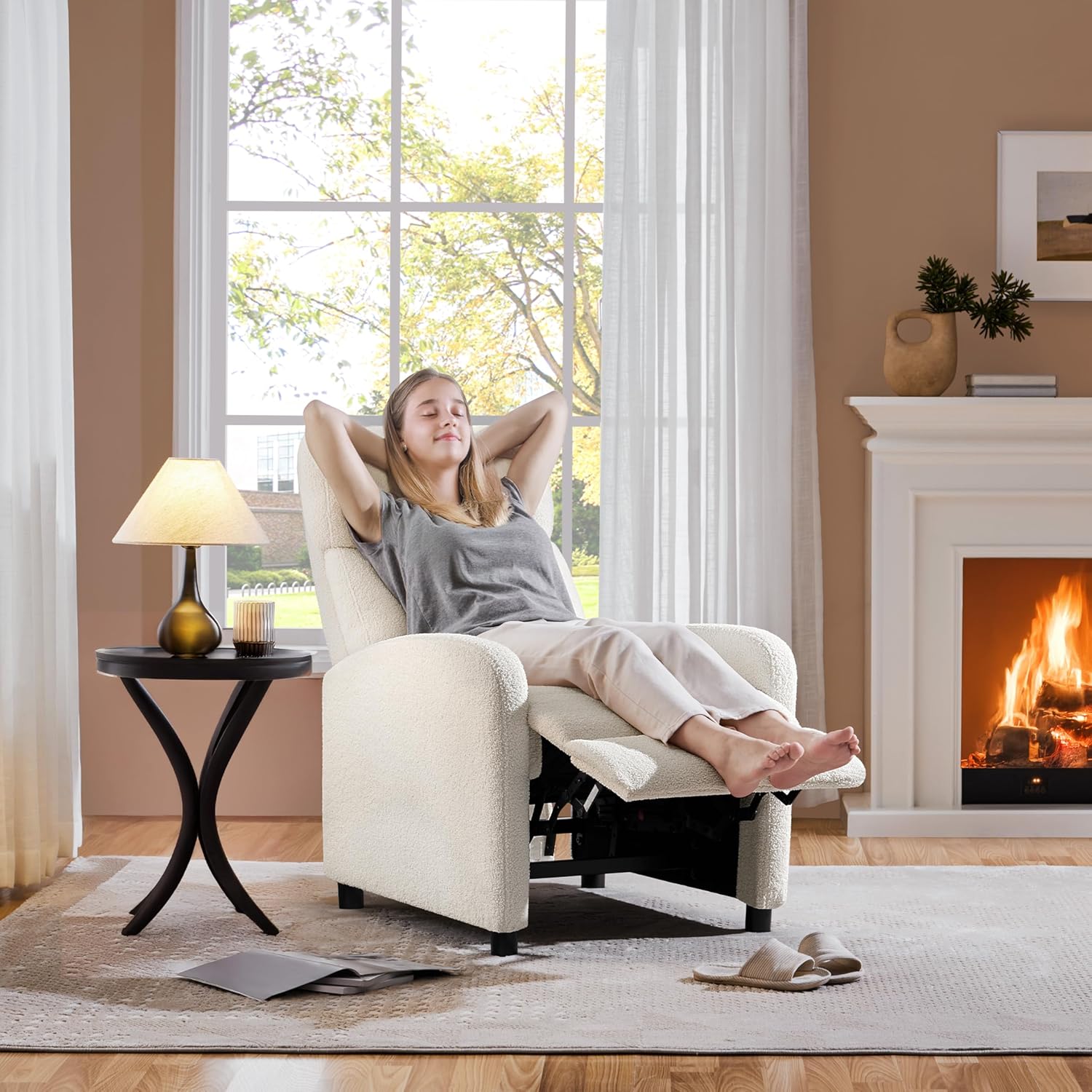 Yaheetech Fauteuil de Relaxation Chaise de Détente Siège de Canapé Fauteuil en Tissu Bouclette Doux avec Repose Pied/Chambre à Coucher/Home Cinéma/Salon Ivoire – Image 4