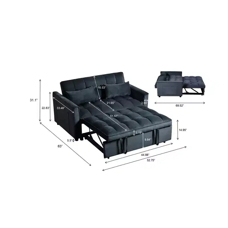 Cement Gray 3 in 1 Velvet Convertible Sleeper Sofa Bed with Pillows and Pockets, Modern Pull Out Couch Bed, Adjustable Backrest – Image 7