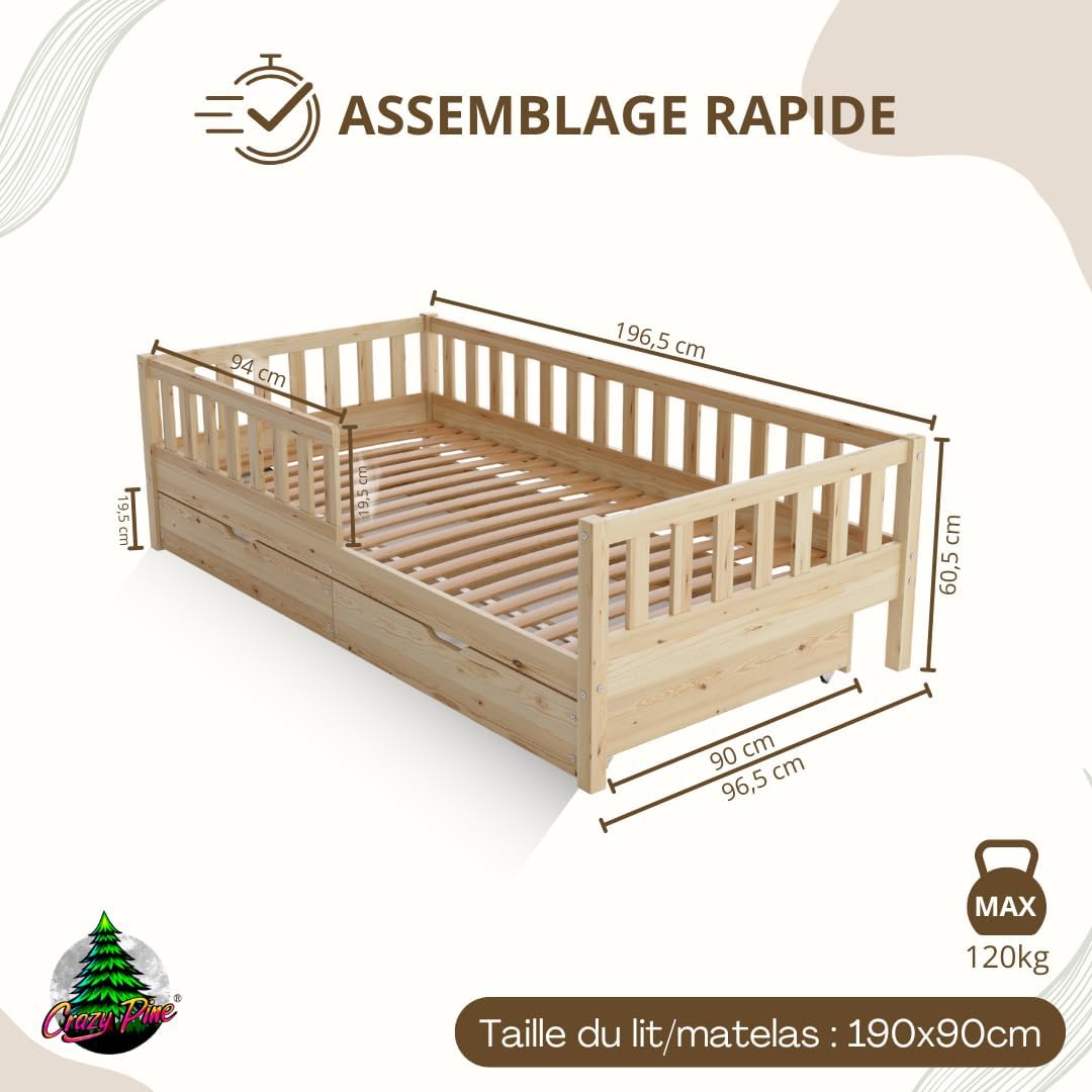 Lit Enfant avec Tiroirs 190x90 cm – Montessori au Sol en Bois Massif avec Barrière – Sécurisé pour Tout-Petit – Design Scandinave, Montage Facile - Crazy Basic – Image 2