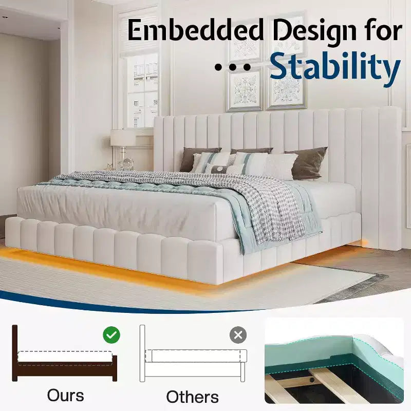 AMERLIFE Upholstered Platform Bed with LED Lights, Floating Design, Solid Slat Support – Image 8