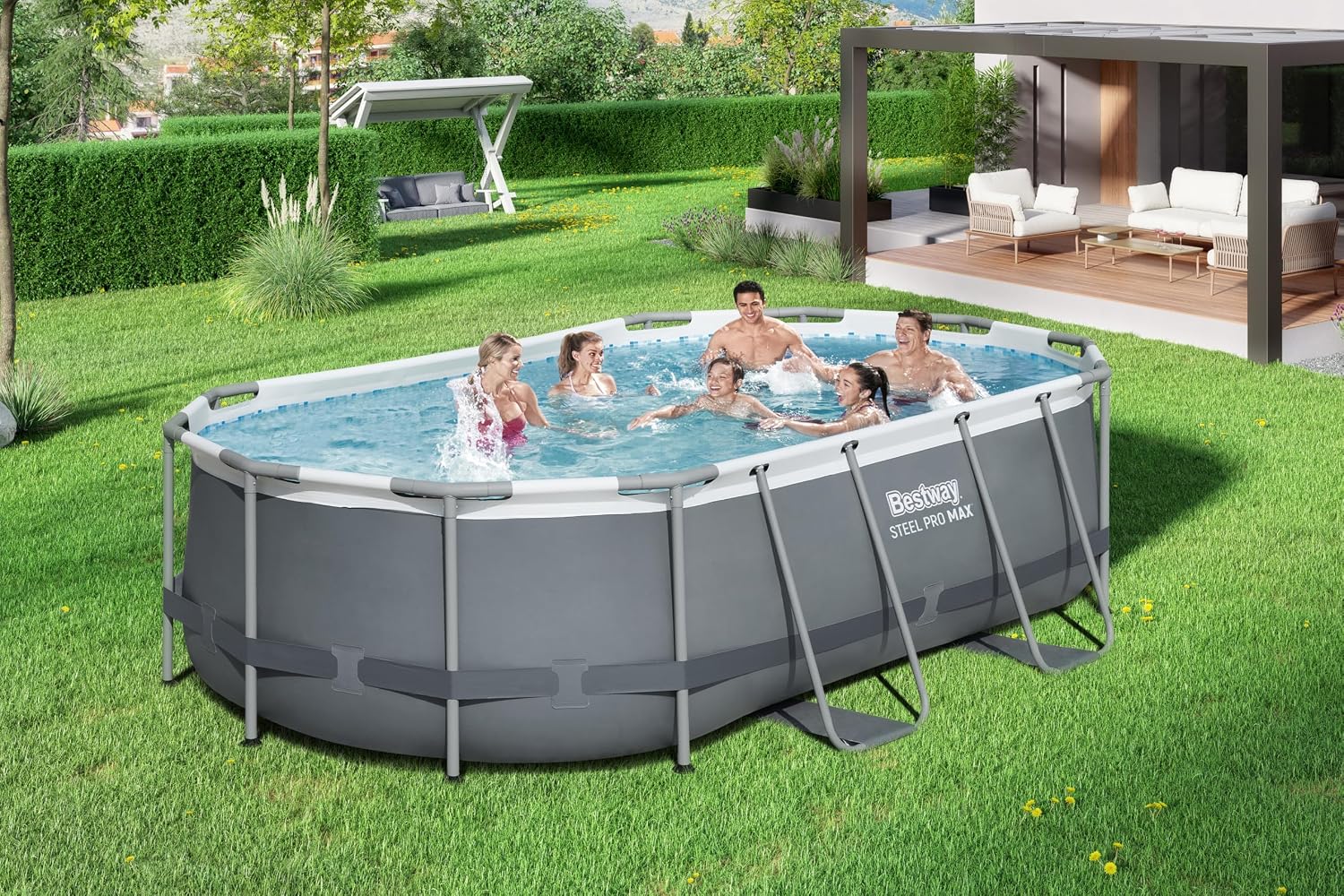 Bestway Power Steel Frame Piscine avec Pompe de Filtration 427 x 250 x 100 cm, Gris, Ovale – Image 2