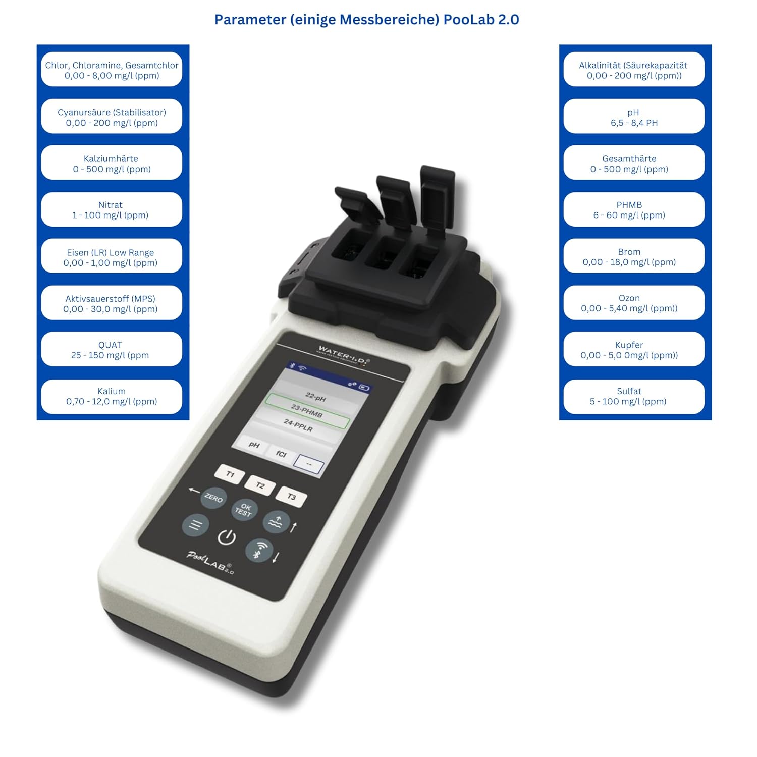 PoolLab 2.0 avec 70 pastilles de test et sac, édition spéciale pour MediMuc - 24 paramètres - App, logiciel - Mesure jusqu'à 3 paramètres dans un test + mallette de rangement vide – Image 5