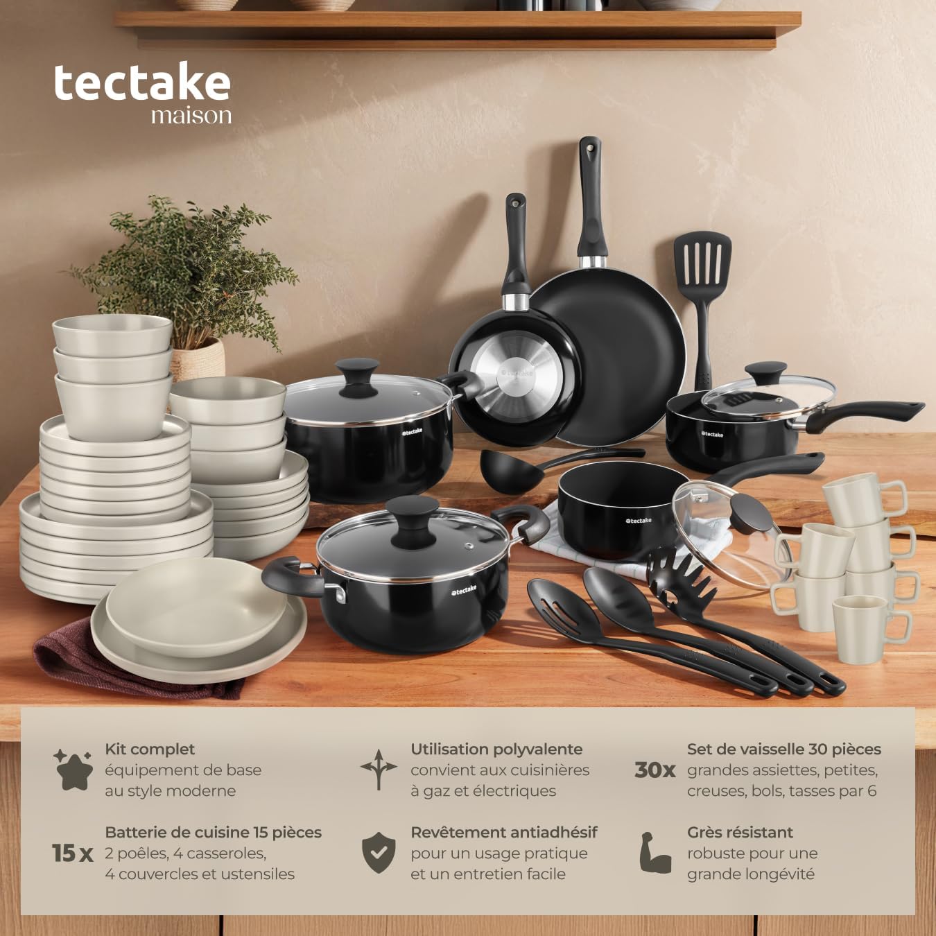 tectake® Set de cuisine 45 pièces, Service de table 6 personnes et Batterie de cuisine, Poêles, Casseroles, Assiettes plates, Assiettes creuses, Bols, Tasses, Louche, Spatule, Vaisselle en grès – Image 2