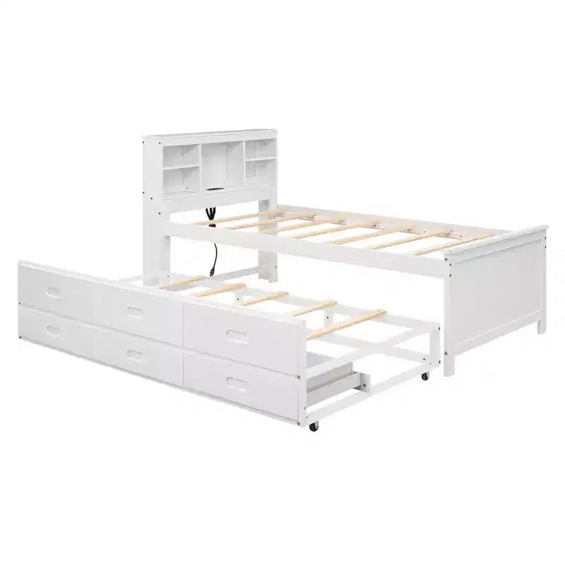 Platform Bed with Trundle and Drawers, Storage Platform Bed with USB, Wood Platform Bed with Bookcase – Image 29