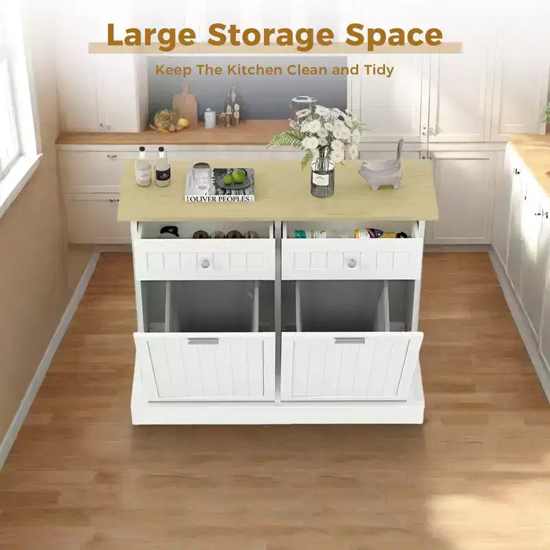 20 Gallons Tilt Out Trash Cabinet, 2 Door Wood Garbage Recycling Cabinet with Drawer, Freestanding Pet Proof Trash Bin for Kitchen Living Room – Image 2