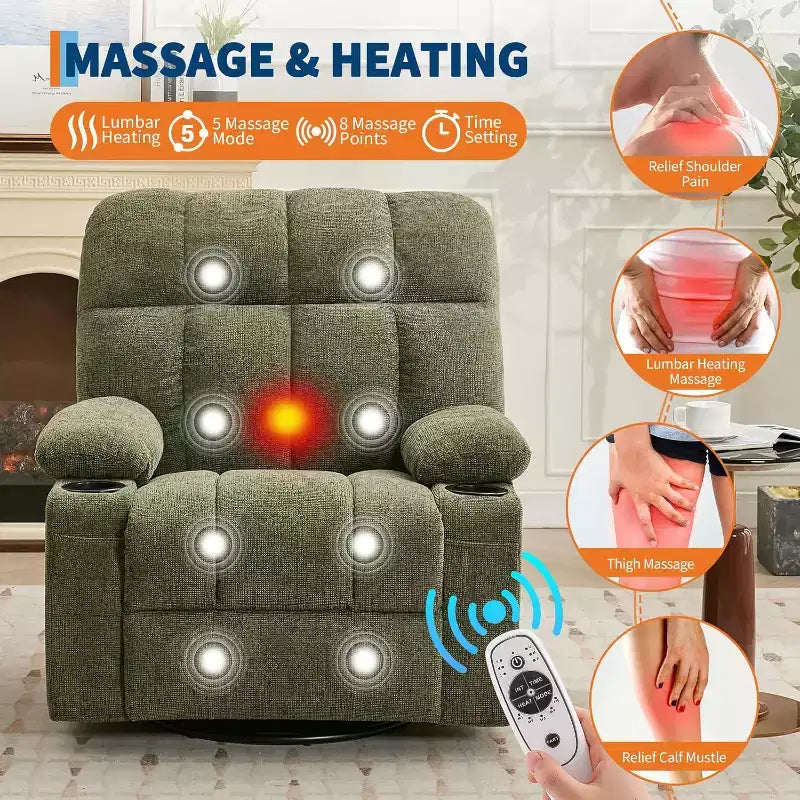 Oversized Recliner Chair for Adults, Manual Swivel Rocker Sofa, Side Pockets & Cup Holders for Big and Tall Persons, Living Room – Image 15