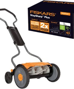Fiskars Tondeuse à gazon manuelle, Tondeuse à cylindre avec système de coupe sans frottement des lames, Largeur de coupe: 43 cm, StaySharp Plus, Noir/Orange/Argenté, 1015649