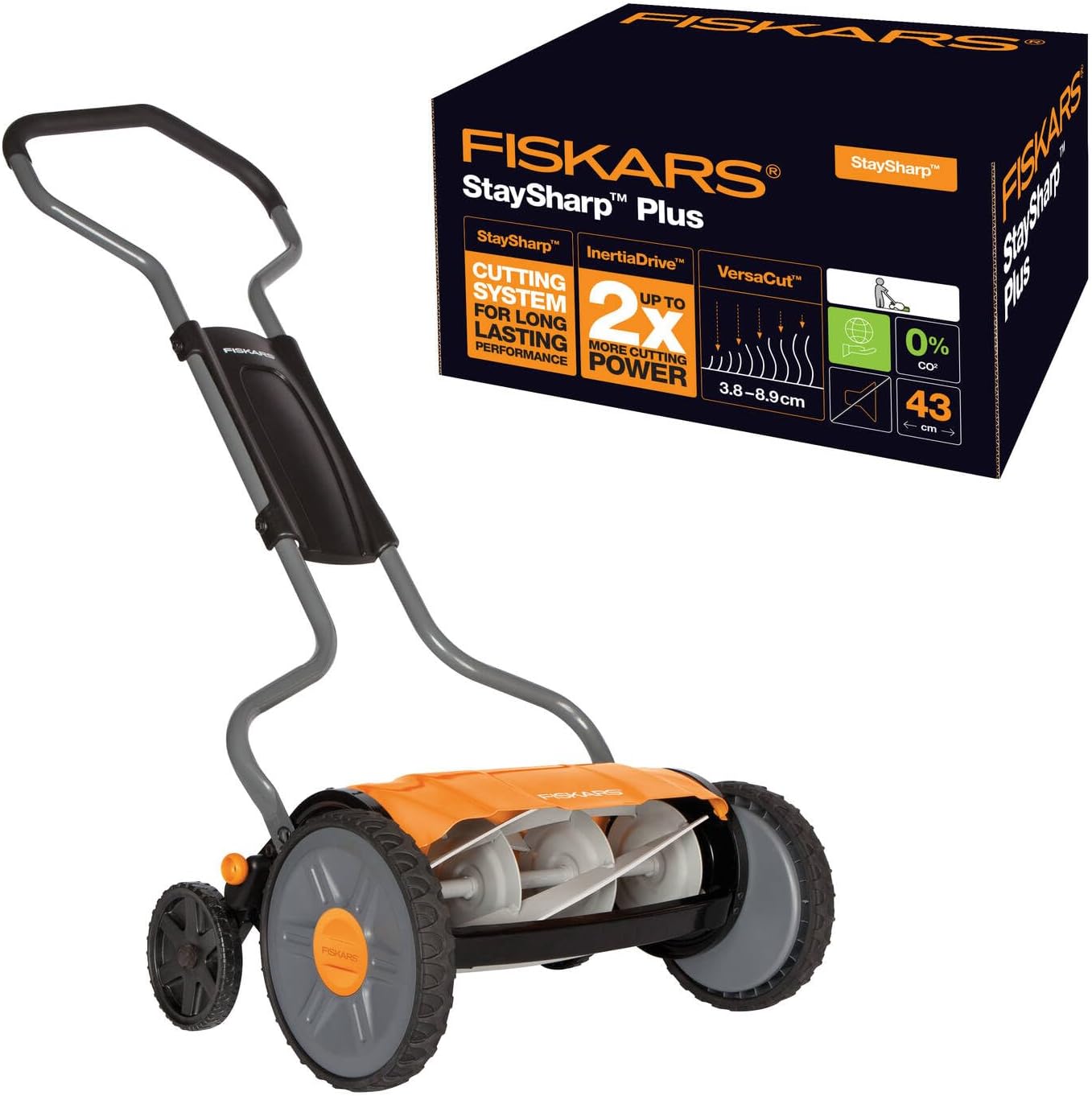 Fiskars Tondeuse à gazon manuelle, Tondeuse à cylindre avec système de coupe sans frottement des lames, Largeur de coupe: 43 cm, StaySharp Plus, Noir/Orange/Argenté, 1015649