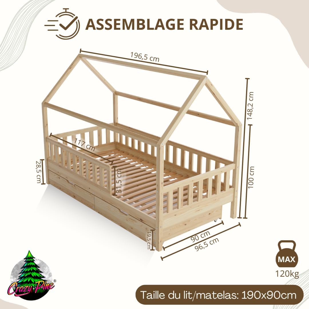 Crazy Blanco Lit de maison avec tiroirs, 90 x 190 cm, en bois naturel, avec protection anti-chute, design scandinave, lit de sol Montessori avec espace de rangement supplémentaire – Image 2